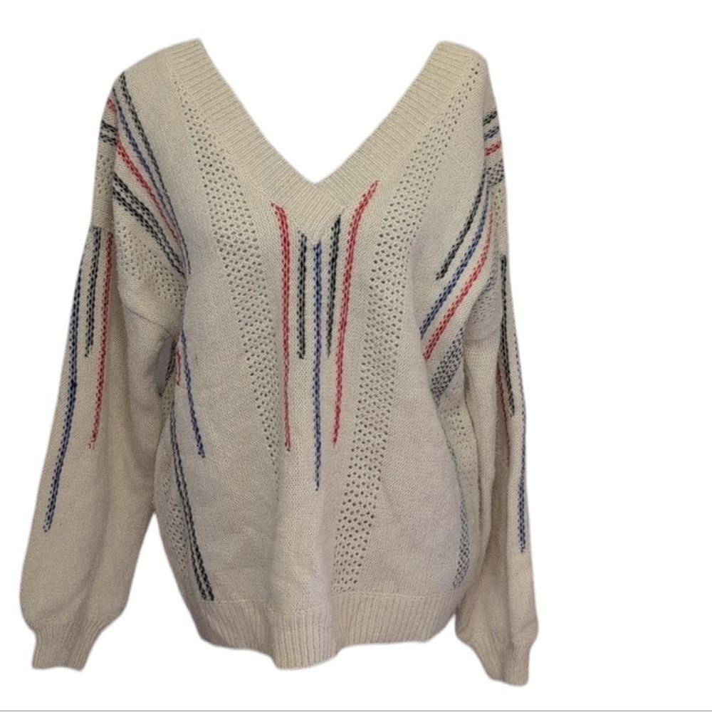 POL V Neck Pullover Sweater Cream Red White  Blue Fuzzy Fluffy Size M